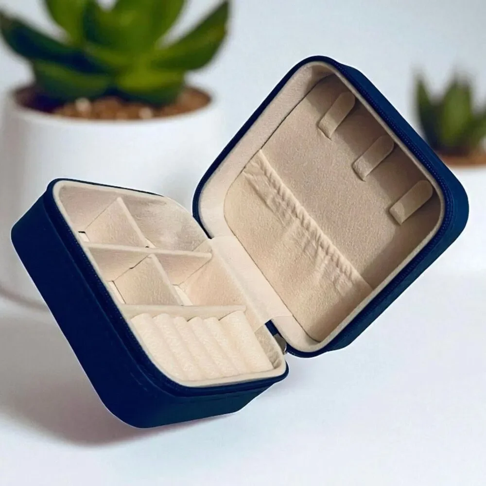 NWT Jewelry Box Case Blue Pu Leather Jewelry Organizer Earrings Bracelets Rings